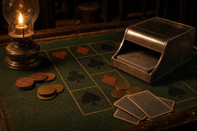 A faro gambling layout on a green baize saloon table, with a nickel dealing box, brass tokens and worn playing cards lit by an oil lamp.
