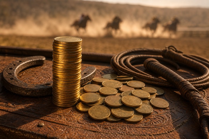 A stack of gold coins and a horseshoe on a tooled leather saddlebag, with racehorses galloping through dust in the distance.