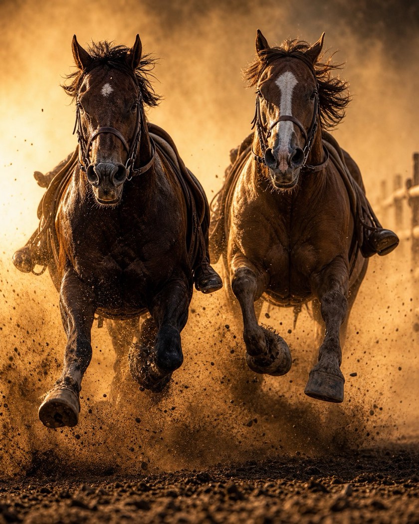 Two horses charging head-on through red dust on an open plain, backlit by a low golden sun, with leather bridles and saddles catching the light.